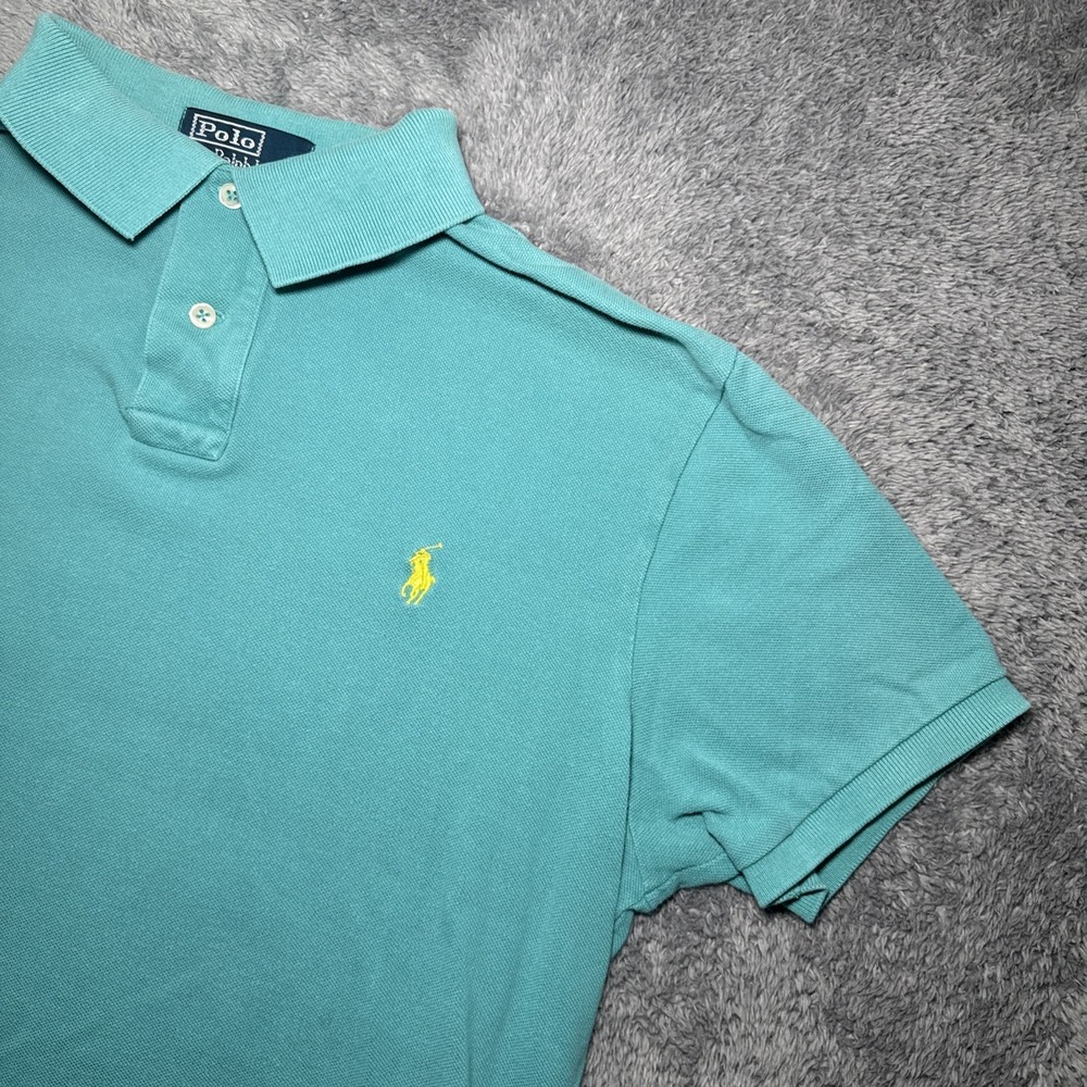 VTG Polo Ralph Lauren Men's Large Turquoise Short Sleeve Shirt Yellow Pony